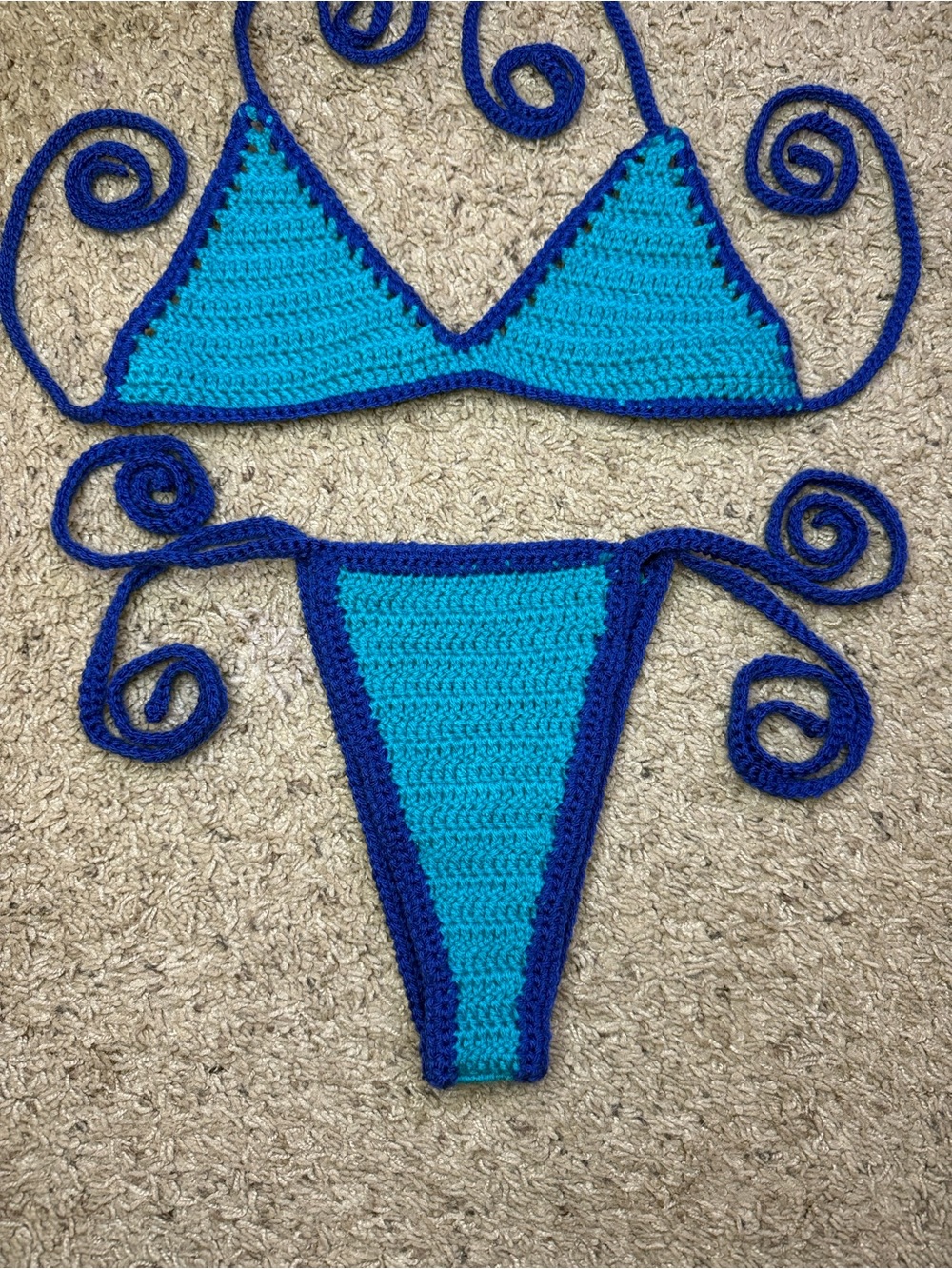 Teal and Dark Blue Crochet Triangle Bikini